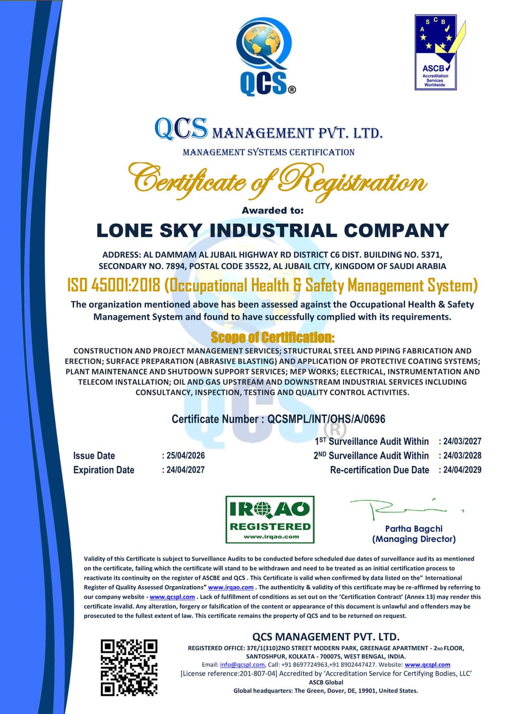 ISO 45001:2018 Occupational Health and Safety Management System certificate of registration, certificate number QCSMPL/INT/OHS/A/0696
